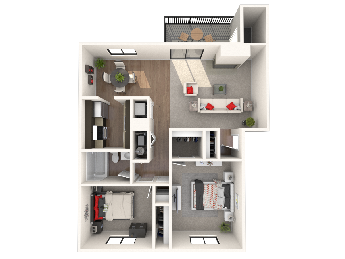 Floor plan for 2 beds, 1 bath, 892 sqft